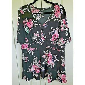 Torrid 1 Baby doll Top 1X Black Floral Baby doll Top Shirt‎ Blouse Chiffon Feel